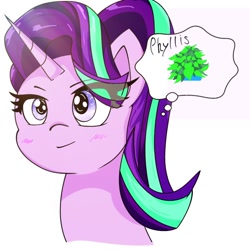 Size: 768x768 | Tagged: safe, artist:zeon_starlight, imported from derpibooru, phyllis, starlight glimmer, pony, unicorn, bust, cargo ship, duo, eye clipping through hair, female, horn, mare, philodendron, phylliglimmer, plant, portrait, potted plant, shipping, simple background, starry eyes, text, thought bubble, white background, wingding eyes