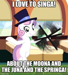 Size: 500x552 | Tagged: safe, edit, edited screencap, imported from derpibooru, screencap, sweetie belle, pony, unicorn, growing up is hard to do, bipedal, cane, cropped, female, hat, looney tunes, mare, older, older sweetie belle, parody, singing, solo, south park, top hat, train