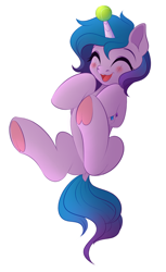 Size: 2336x3817 | Tagged: safe, artist:vetta, imported from derpibooru, izzy moonbow, pony, unicorn, ball, blushing, colored underhoof, eyes closed, full body, g5, happy, heart, hoof heart, horn, izzy's tennis ball, laughing, open mouth, simple background, solo, tennis ball, white background