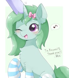 Size: 599x680 | Tagged: safe, artist:ginmaruxx, imported from derpibooru, oc, oc only, oc:kazumi, pony, unicorn, blushing, clothes, cute, female, head pat, horn, japanese, mare, music notes, ocbetes, offscreen character, one eye closed, open mouth, open smile, pat, patting, raised hoof, ribbon, smiling, socks, solo, speech bubble, striped socks