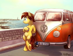 Size: 1100x852 | Tagged: safe, artist:yulyeen, imported from derpibooru, oc, oc only, oc:canni soda, earth pony, beach, car, galacon, germany, lighthouse, ocean, pier, solo, van, volkswagen, volkswagen bus, volkswagen type 1, water