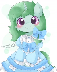 Size: 1916x2402 | Tagged: safe, artist:ginmaruxx, imported from derpibooru, oc, oc only, oc:kazumi, pony, unicorn, blushing, bowtie, circle background, clothes, cute, dress, female, horn, japanese, looking at you, mare, ocbetes, ribbon, simple background, smiling, smiling at you, solo, white background