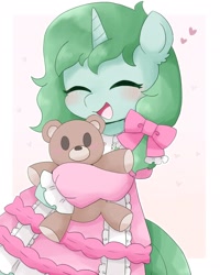 Size: 1635x2048 | Tagged: safe, artist:ginmaruxx, imported from derpibooru, oc, oc only, oc:kazumi, pony, unicorn, bipedal, clothes, cute, dress, emanata, eyes closed, female, heart, hoof hold, horn, hug, mare, ocbetes, open mouth, open smile, plushie, ribbon, simple background, smiling, solo, teddy bear, white background