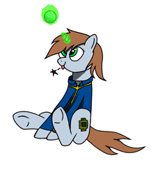Size: 1765x1860 | Tagged: source needed, useless source url, safe, artist:kirill, imported from derpibooru, oc, oc only, oc:littlepip, pony, unicorn, fallout equestria, :>, brown mane, brown tail, clothes, female, gray coat, green eyes, horn, jumpsuit, magic, mare, sitting, solo, tail, telekinesis, unicorn oc, vault suit