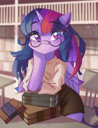Size: 3144x4096 | Tagged: safe, artist:saxopi, imported from derpibooru, twilight sparkle, alicorn, semi-anthro, anime style, aquarius, bibliophile, blurry background, book, bookshelf, bookworm, clothes, colored pupils, eyebrows, eyebrows visible through hair, eyelashes, female, folded wings, glasses, high res, hoof on chin, horn, library, looking at you, mare, meganekko, multicolored mane, nerd, pensive, purple coat, purple eyes, round glasses, shirt, signature, solo, tail, twilight sparkle (alicorn), wings