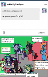 Size: 1172x1857 | Tagged: safe, artist:ask-luciavampire, imported from derpibooru, oc, changeling, earth pony, pegasus, pony, unicorn, ask, ask ponys gamer club, tumblr