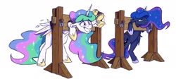 Size: 2420x1080 | Tagged: safe, artist:rutkotka, imported from derpibooru, princess celestia, princess luna, alicorn, pony, bondage, bound wings, commission, grin, horn, horn ring, lock, luna is not amused, magic suppression, padlock, ring, smiling, stocks, unamused, waving, wings