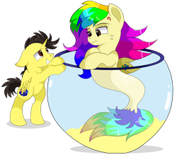 Size: 8800x7710 | Tagged: safe, artist:rainbowtashie, imported from derpibooru, oc, oc:rainbow tashie, oc:tommy the human, alicorn, pony, seapony (g4), alicorn oc, annoyed, australia, bipedal, child, colt, commissioner:bigonionbean, cute, daaaaaaaaaaaw, dialogue, duo, female, fish bowl, foal, grin, horn, hug, male, seaponified, simple background, smiling, species swap, thought bubble, transparent background, unamused, wings