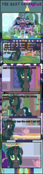 Size: 1063x4289 | Tagged: safe, artist:shootingstarsentry, imported from derpibooru, oc, oc:nightshade (digimonlover101), changeling, changepony, hybrid, pony, unicorn, comic:the next generation, book, bookshelf, comic, female, interspecies offspring, mare, offspring, parent:king sombra, parent:queen chrysalis, parents:chrysombra, school of friendship