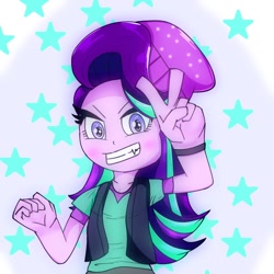 Size: 768x768 | Tagged: safe, artist:zeon_starlight, imported from derpibooru, starlight glimmer, equestria girls, beanie, clothes, female, hat, looking at you, peace sign, solo, starry background, stars