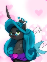 Size: 768x1024 | Tagged: safe, artist:zeon_starlight, idw, imported from derpibooru, queen chrysalis, changeling, changeling queen, reflections, spoiler:comic, bust, female, glasses, heart, heart background, lidded eyes, loving chrysalis, mare, mirror universe, reversalis, solo