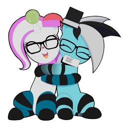 Size: 2436x2470 | Tagged: safe, artist:darktomato, imported from derpibooru, oc, oc only, oc:med, oc:purapoint, earth pony, pony, unicorn, ball, blue pony, christmas, clothes, cute, earth pony oc, female, glasses, happy, hat, holiday, hooves, horn, hug, hugging a pony, looking at each other, male, mare, monster energy, santa hat, simple background, sitting, smiling, smiling at each other, socks, stallion, stripes, tennis ball, top hat, transparent background, unicorn oc, wholesome