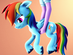 Size: 2880x2160 | Tagged: safe, artist:psfmer, imported from derpibooru, rainbow dash, twilight sparkle, pegasus, pony, equestria girls, 3d, disembodied arm, disembodied hand, female, gradient background, hand, high res, holding a pony, mare, revamped ponies, scrunchy face, solo, source filmmaker, unshorn fetlocks