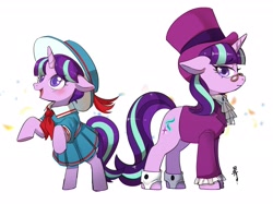Size: 1907x1430 | Tagged: safe, artist:hosikawa, imported from derpibooru, snowfall frost, starlight glimmer, pony, unicorn, a hearth's warming tail, bipedal, clothes, cute, dress, eye clipping through hair, eyebrows, eyebrows visible through hair, female, filly, filly starlight glimmer, glasses, glimmerbetes, hat, jabot, looking at you, mare, open mouth, simple background, skirt, smiling, smiling at you, solo, standing on two hooves, top hat, white background, younger