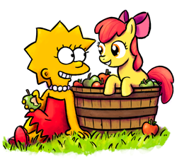 Size: 1913x1756 | Tagged: safe, artist:larrychan, imported from derpibooru, apple bloom, earth pony, pony, apple, crossover, female, filly, foal, food, grin, lisa simpson, looking at each other, looking at someone, redraw, simple background, smiling, the simpsons, white background