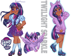 Size: 2160x1620 | Tagged: safe, artist:diameltzowo, imported from derpibooru, kotobukiya, twilight sparkle, alicorn, human, pony, blushing, book, clothes, dark skin, eyebrows, female, g4, hoodie, human ponidox, humanized, looking at you, nail polish, pleated skirt, self paradox, self ponidox, shirt, shoes, simple background, skirt, smiling, smiling at you, socks, solo, twilight sparkle (alicorn)