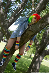 Size: 1333x2000 | Tagged: safe, artist:shadeila, imported from derpibooru, rainbow dash, human, 2015, clothes, cosplay, costume, irl, irl human, multicolored hair, open mouth, photo, rainbow hair, rainbow socks, sleeping, socks, solo, striped socks, tree