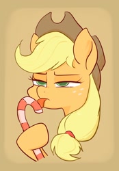 Size: 1520x2190 | Tagged: safe, artist:noupu, imported from derpibooru, applejack, earth pony, pony, applejack is not amused, bust, candy, candy cane, female, food, hoof hold, licking, mare, scene interpretation, solo, tongue out, unamused