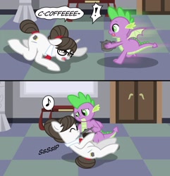 Size: 1731x1799 | Tagged: safe, artist:banquo0, imported from derpibooru, raven, spike, dragon, pony, unicorn, 2 panel comic, bad anatomy, coffee, comic, commission, drinking, duo, female, glasses, male, mare, ravenspike, shipping, speech bubble, straight, text