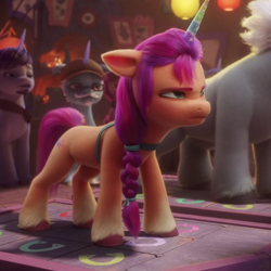 Size: 804x804 | Tagged: safe, imported from derpibooru, screencap, sunny starscout, earth pony, pony, unicorn, spoiler:my little pony: a new generation, alphabittle blossomforth, cropped, crystal tea room, determined, disguise, fake horn, female, g5, male, mare, my little pony: a new generation, stallion