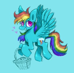 Size: 1338x1332 | Tagged: safe, artist:lolbatzarchive, imported from derpibooru, rainbow dash, basket, blue background, simple background, solo