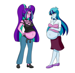 Size: 1364x1328 | Tagged: safe, artist:jake heritagu, artist:pacificside18, imported from derpibooru, aria blaze, sonata dusk, comic:aria's archives, equestria girls, belly, belly button, big belly, breasts, busty aria blaze, busty sonata dusk, clothes, female, hand on hip, jeans, pants, pigtails, pregnant, pregnata dusk, shoes, simple background, skirt, tanktop, transparent background, twintails
