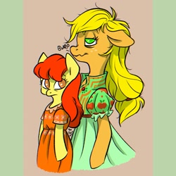 Size: 1660x1660 | Tagged: safe, artist:ilcerbiastrello, imported from derpibooru, apple bloom, applejack, earth pony, semi-anthro, clothes, dress, drunk, drunk aj, duo, female, filly, foal, mare