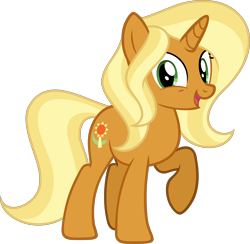 Size: 2500x2436 | Tagged: safe, artist:hazardous-andy, artist:nicogamer3000, imported from derpibooru, sunflower spectacle, pony, unicorn, .svg available, female, full body, high res, hooves, horn, looking at you, mare, open mouth, open smile, raised hoof, show accurate, simple background, smiling, smiling at you, solo, standing, svg, tail, trace, transparent background, two toned mane, two toned tail, vector, vector trace