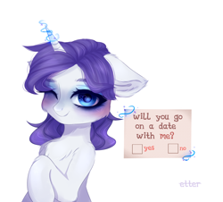 Size: 1920x1734 | Tagged: safe, artist:etter, imported from derpibooru, rarity, pony, unicorn, blushing, bronybait, chest fluff, colored pupils, cute, ear fluff, floppy ears, fluffy, horn, magic, one eye closed, simple background, solo, watermark, white background