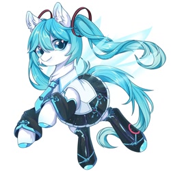 Size: 2000x2000 | Tagged: safe, artist:sakneko, imported from derpibooru, earth pony, pony, anime, clothes, crystal wings, female, hatsune miku, mare, ponified, skirt, solo, vocaloid, wings