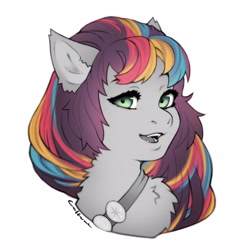 Size: 4096x4096 | Tagged: safe, artist:coffune, imported from derpibooru, sunny starscout, earth pony, pony, bust, chest fluff, cute, fangs, female, g5, looking at you, mane stripe sunny, mare, my little pony: a new generation, partial color, simple background, solo, white background