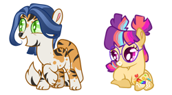 Size: 2318x1289 | Tagged: safe, artist:goldlines005, imported from derpibooru, oc, oc only, cat, cat pony, earth pony, original species, pony, crack ship offspring, duo, earth pony oc, glasses, lying down, magical lesbian spawn, offspring, parent:capper dapperpaws, parent:limestone pie, parent:moondancer, parent:twilight sparkle, parents:twidancer, prone, simple background, transparent background