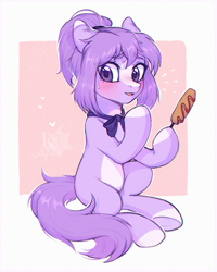 Size: 1821x2276 | Tagged: safe, artist:ls_skylight, imported from derpibooru, oc, oc only, oc:mio, earth pony, pony, blushing, corn, corndog, food, looking at you, sausage, smiling, solo, sweat