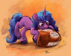 Size: 4892x3858 | Tagged: safe, artist:rigbyh00ves, imported from derpibooru, izzy moonbow, pony, unicorn, absurd resolution, computer, curious, female, g5, imac, imac g3, looking at something, looking down, mare, raised leg, solo