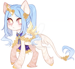Size: 1024x939 | Tagged: safe, artist:miioko, imported from derpibooru, oc, oc only, alicorn, pony, alicorn oc, clothes, deviantart watermark, floating wings, horn, horn ring, leonine tail, obtrusive watermark, ring, simple background, solo, tail, watermark, white background, wings
