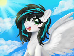 Size: 1600x1200 | Tagged: safe, artist:kaikururu, imported from derpibooru, oc, oc only, oc:danger close, pegasus, pony, :d, eyelashes, female, mare, open mouth, open smile, pegasus oc, smiling, spread wings, wings