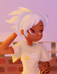 Size: 4000x5142 | Tagged: safe, alternate version, artist:windywendy29, imported from derpibooru, cloudchaser, human, alternate hairstyle, close-up, clothes, commission, dark skin, female, humanized, shirt, solo, t-shirt, tattoo