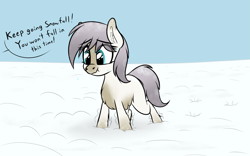 Size: 1827x1140 | Tagged: safe, artist:seafooddinner, oc, oc only, oc:snowfall, pony, dialogue, ear fluff, eye clipping through hair, female, filly, fluffy, nervous, offscreen character, scrunch, shaking, snow, snowpony (species), solo, sweat, taiga pony