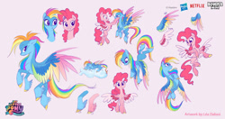 Size: 600x316 | Tagged: safe, artist:imalou, boulder media, imported from derpibooru, pinkie pie, rainbow dash, pegasus, pony, boulder media logo, cloud, colored wings, duo, feathered fetlocks, g5, g5 concept leak style, g5 concept leaks, logo, lying down, lying on a cloud, multicolored wings, my little pony: a new generation, on a cloud, pegasus pinkie pie, picture for breezies, pink background, pinkie pie (g5 concept leak), race swap, rainbow dash (g5 concept leak), rainbow wings, simple background, wings