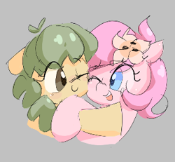 Size: 303x280 | Tagged: safe, artist:parfait, oc, oc only, oc:kayla, oc:pea, earth pony, pony, aggie.io, female, filly, hug, lowres, mare, one eye closed, open mouth, simple background, smiling