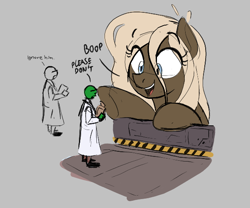 Size: 586x488 | Tagged: safe, artist:anontheanon, oc, oc only, oc:meggy, earth pony, pony, aggie.io, boop, clipboard, clothes, dialogue, female, lab coat, macro, mare, open mouth, scientist, simple background, smiling, talking
