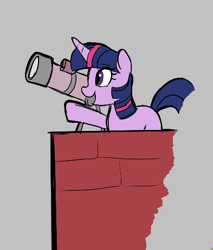 Size: 409x479 | Tagged: safe, twilight sparkle, pony, unicorn, aggie.io, female, mare, open mouth, raised hoof, simple background, smiling, telescope, unicorn twilight