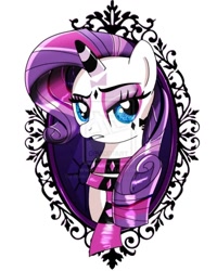 Size: 724x905 | Tagged: artist needed, safe, imported from derpibooru, rarity, bow, clothes, cutie mark, diamond, ear piercing, earring, frame, goth, goth pony, horn, jewelry, makeup, metal, piercing, rarity's cutie mark, scarf, simple background, striped horn, white background