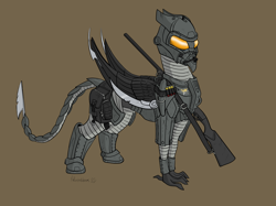 Size: 1500x1124 | Tagged: safe, artist:fullmetaldreams, imported from derpibooru, oc, griffon, fallout equestria, armor, beeg, brown background, crossover, fallout equestria: all roads lead home, griffon oc, gun, metro, metro 2033, power armor, roadside picnic, s.t.a.l.k.e.r., science fiction, shotgun, simple background, solo, weapon