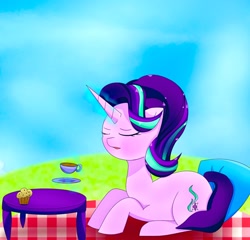 Size: 2048x1962 | Tagged: safe, artist:zeon_starlight, imported from derpibooru, starlight glimmer, pony, unicorn, cup, drink, eyes closed, female, food, magic, mare, muffin, picnic, picnic blanket, plate, sitting, solo, table, telekinesis