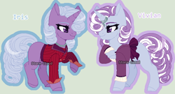 Size: 650x351 | Tagged: safe, artist:stormcloud-yt, imported from derpibooru, oc, oc only, pony, unicorn, base used, clothes, duo, female, horn, mare, offspring, parent:fancypants, parent:fleur-de-lis, parents:fancyfleur, raised hoof, siblings, simple background, twins, unicorn oc