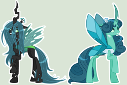Size: 2845x1903 | Tagged: safe, artist:stormcloud-yt, imported from derpibooru, queen chrysalis, changedling, changeling, changeling queen, base used, changedling queen, duality, female, purified chrysalis, raised hoof, simple background