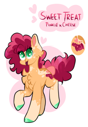 Size: 2068x2980 | Tagged: safe, artist:goldlines005, imported from derpibooru, oc, oc only, earth pony, pony, :p, abstract background, chest fluff, earth pony oc, female, mare, offspring, parent:cheese sandwich, parent:pinkie pie, parents:cheesepie, reference sheet, smiling, solo, tongue out