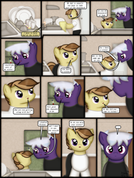 Size: 1750x2333 | Tagged: safe, artist:99999999000, imported from derpibooru, oc, oc only, oc:firearm king, oc:zhang cathy, earth pony, pony, comic:journey, baby bottle, bowl, cleaning, clothes, comic, dishes, door, female, kitchen, male, plate, refrigerator