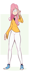 Size: 835x2004 | Tagged: safe, artist:secretgoombaman12345, imported from derpibooru, fluttershy, human, abstract background, blushing, colored sketch, eye clipping through hair, female, human coloration, humanized, looking sideways, skinny, solo, tall, tallershy